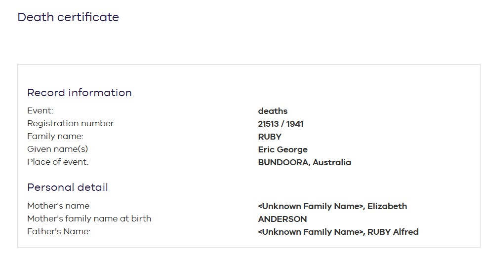 RUBY Eric George 1941 Death