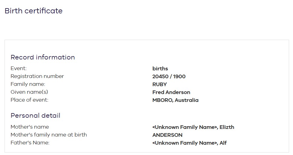 RUBY Fred 1900 Birth
