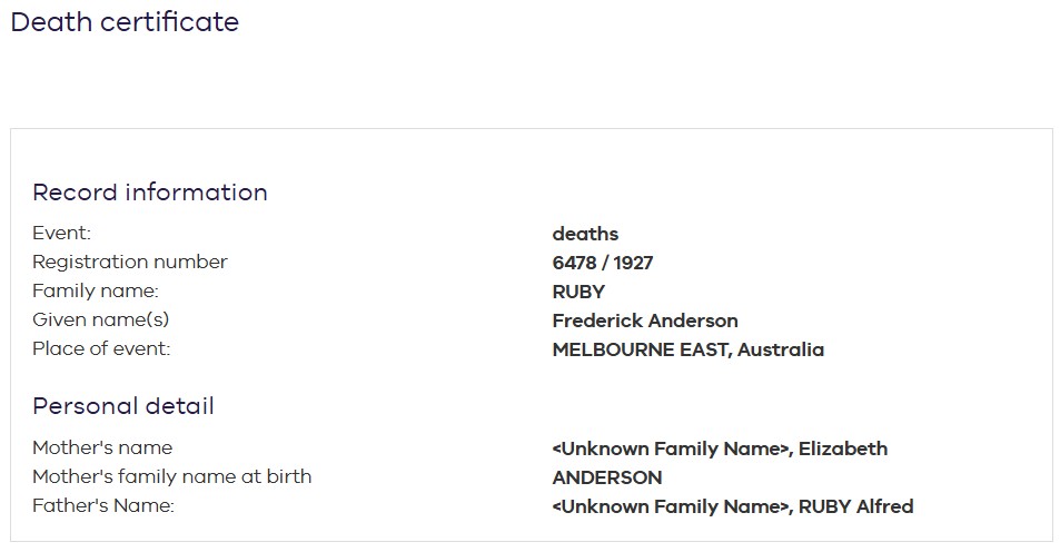 RUBY Frederick Anderson 1927 Death