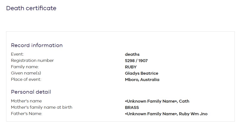 RUBY Gladys Beatrice 1907 Death