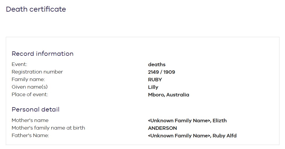 RUBY Lilly 1909 Death 1 day old