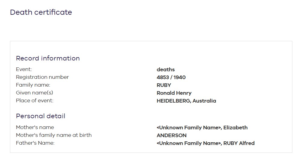 RUBY Ronald Henry 1940 death