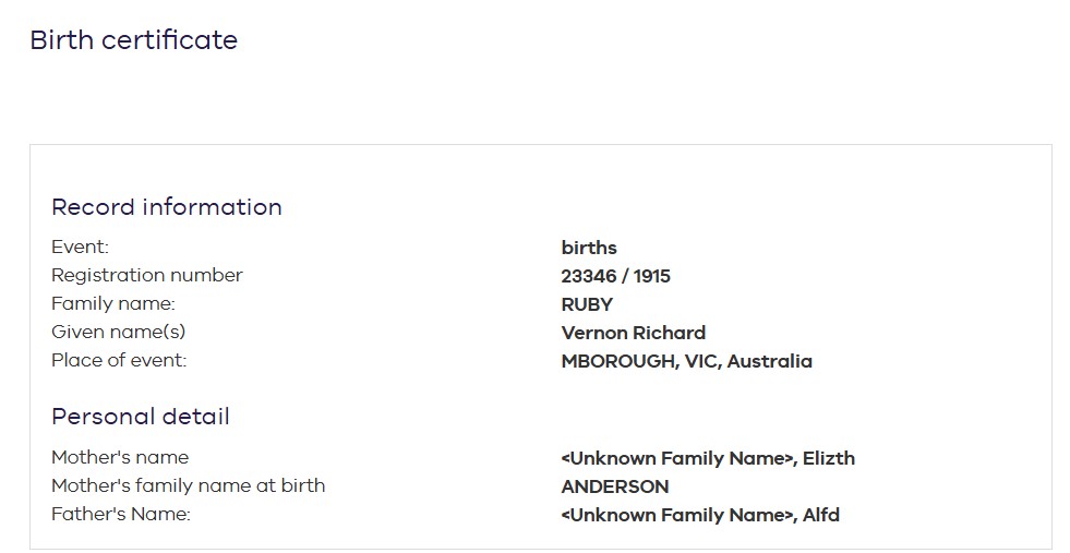 RUBY Vernon Richard 1915 birth